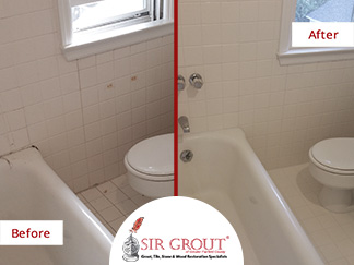 Before and After Picture of a White Bathroom Caulking Service in New Canaan, Connecticut