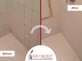 Before and After Picture of a Shower Grout Cleaning Service in New Fairfield, CT