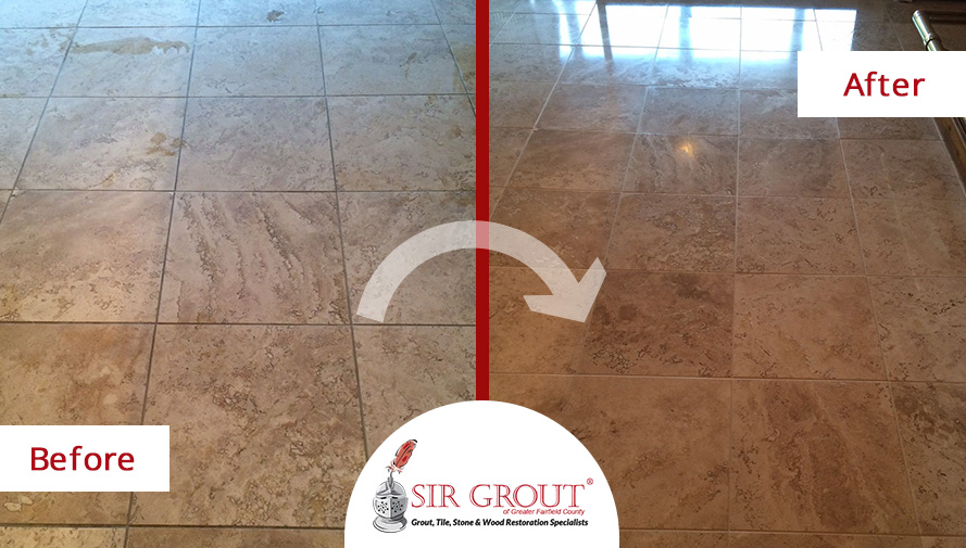 Before and After Picture of a Floor Stone Cleaning Service in Stamford
