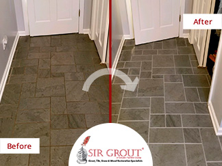 Before and After Picture of a Slate Grout Sealing in Trumbull, Connecticut