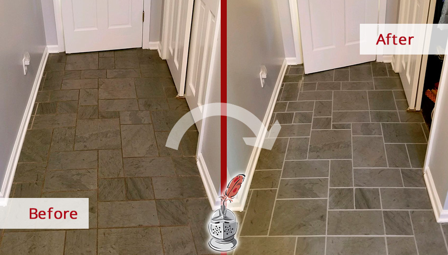 Before and After Picture of a Slate Floor Grout Sealing in Trumbull, Connecticut
