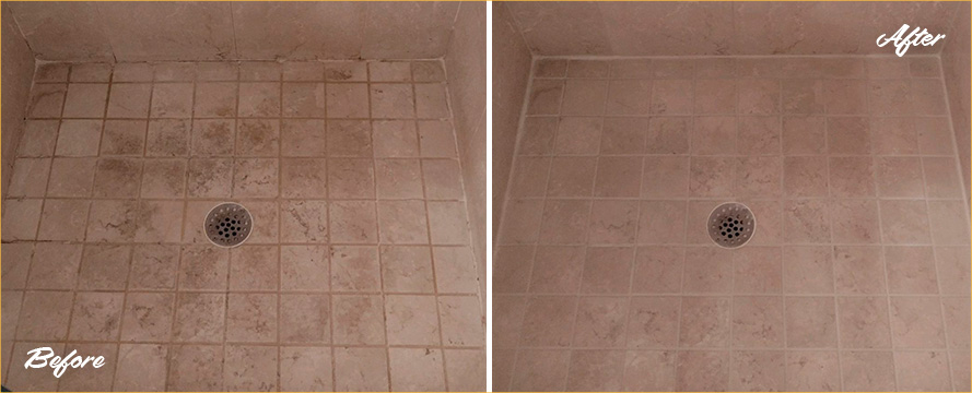 Shower Floor Before and After Our Professional Hard Surface Restoration Services