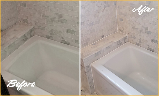 Picture of a Grey Bathtub with Stained Caulking Before and After a Tub Recaulking