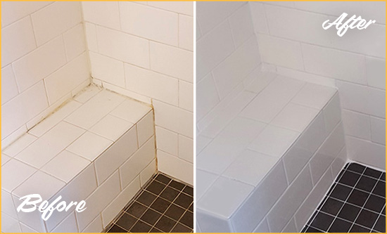 Before and After Picture of Grout Caulking on the Shower Seat Joints