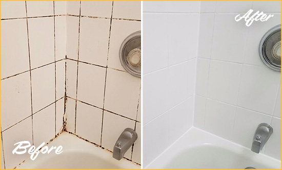 Before and After Picture of a Marble Grout Recaulking on the Tub Joints