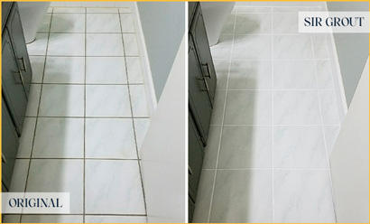 Picture of White Tile Bathroom Floor Before and After Grout Color Change