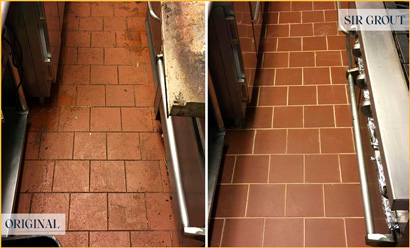 Before and After Picture of a Norwalk Restaurant Kitchen Tile and Grout Cleaned to Eliminate Dirt and Grease Build-Up