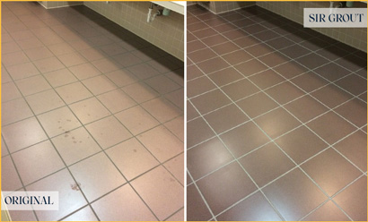 Before and After Picture of a Huntington Restrooms Tile and Grout Cleaned to Remove Embedded Dirt