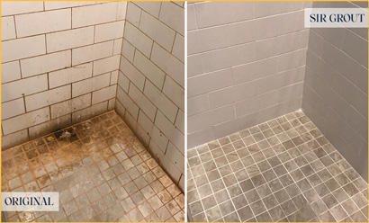 Before and After Picture of a Greenwich Shower Tile and Grout Cleaned to Eliminate Mold and Stains