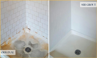 Before and After Picture of a Greenwich Shower Tile and Grout Cleaned to Remove Soap Scum