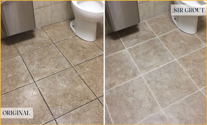 Before and After Picture of a Greenwich Restroom Tile and Grout Cleaned to Remove Soil