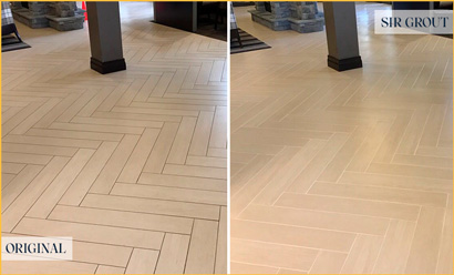 Before and After Picture of a Greenwich Office Floor Tile and Grout Cleaned to Remove Stains