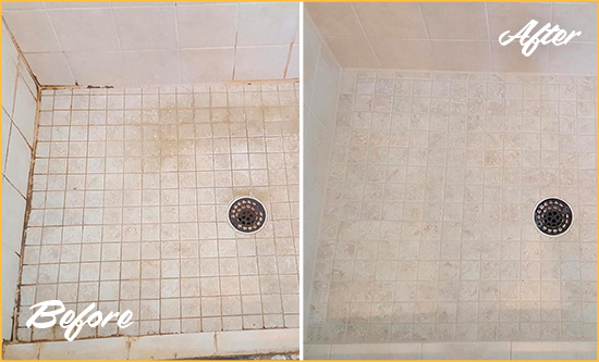 Before and After Picture of a Stamford Shower Caulked to Fix Cracks