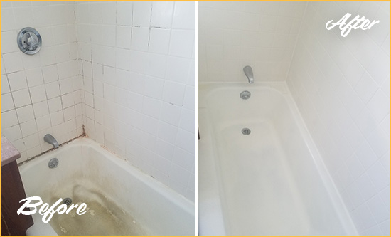 Before and After Picture of a New Fairfield Bathtub Caulked to Repair Cracks