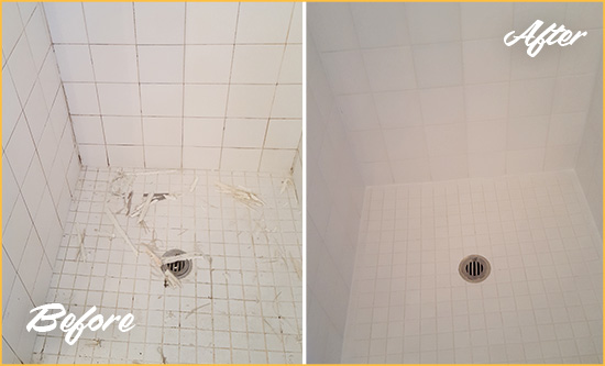 Before and After Picture of a Terryville Bathroom Re-Caulked To Repair Damaged Caulking
