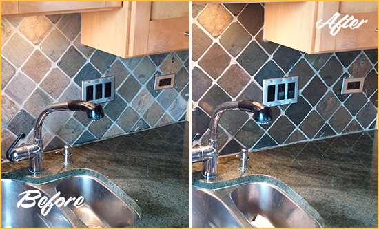 Before and After Picture of a Riverside Backsplash Caulked to Fix and Prevent Water Leaks