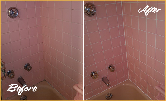 Before and After Picture of a Terryville Bathtub Caulked to Eliminate Mold