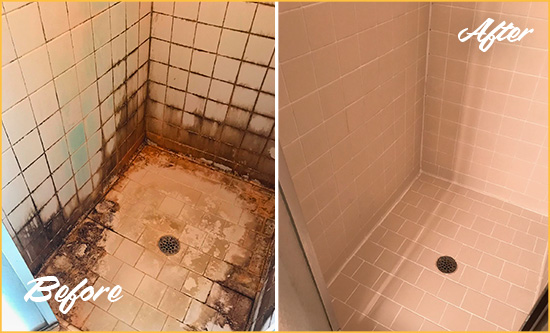Before and After Picture of a Sherman Shower Caulked to Fix and Prevent Water Damage
