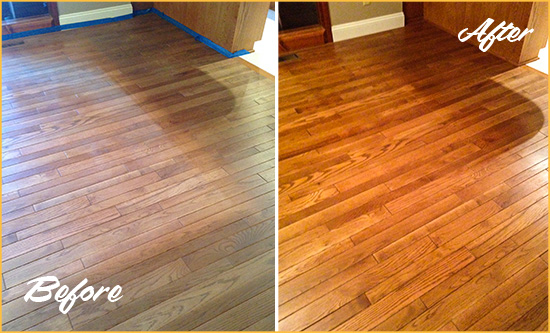 Before and After Picture of a Saugatuck Wood Sandless Refinishing Service on a Dull Floor to Recover Its Sheen