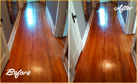 Before and After Picture of a Sherman Wood Sandless Refinishing Service on a Floor to Eliminate Scratches