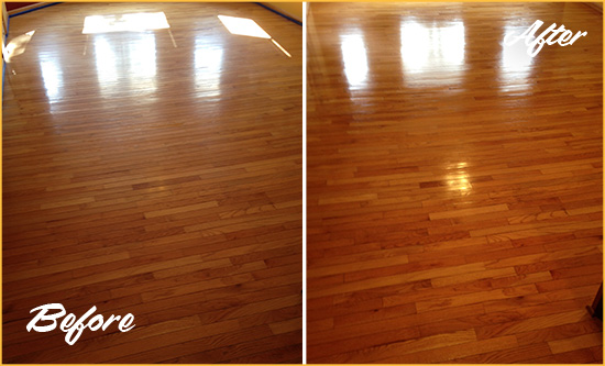 Before and After Picture of a Sherman Wood Sandless Refinishing Service on a Room Floor to Remove Scratches