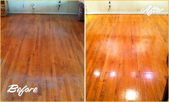 Before and After Picture of a Wilton Wood Sandless Refinishing Service on a Stained Floor