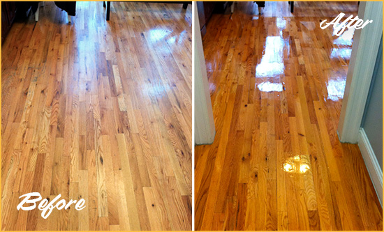 Before and After Picture of a Wilton Wood Sandless Refinishing Service on a Worn Out Hallway