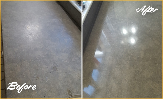 Before and After Picture of a Dull Plymouth Limestone Countertop Polished to Recover Its Color