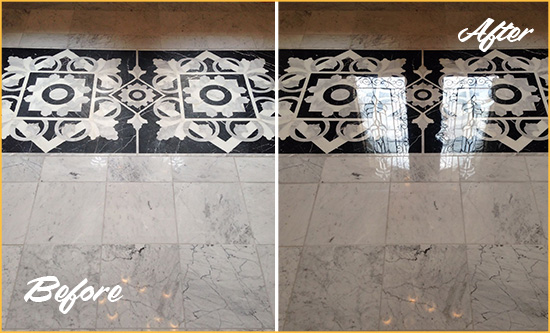 Before and After Picture of a Stamford Marble Stone Floor Polished to a Mirror Shine