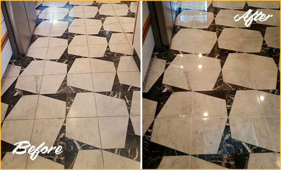 Before and After Picture of a Dull Easton Marble Stone Floor Polished To Recover Its Luster