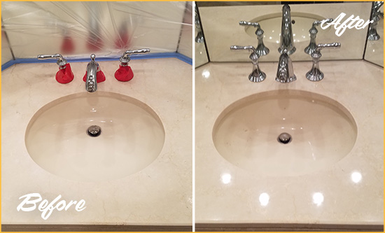 Before and After Picture of a Dull Bethlehem Marble Stone Vanity Top Polished to Bring-Back Its Sheen