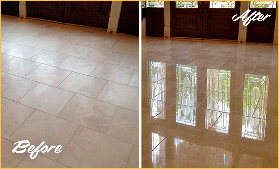 Before and After Picture of a Dull Plymouth Travertine Stone Floor Polished to Recover Its Gloss