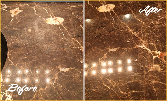 Before and After Picture of a Plymouth Marble Stone Countertop Polished to Eliminate Stains