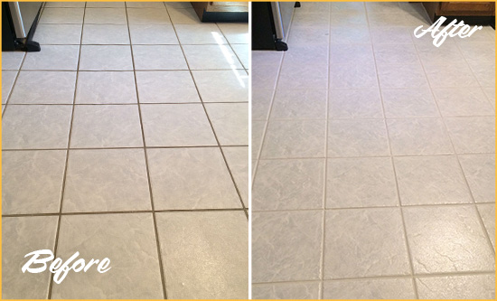 Before and After Picture of a Cos Cob Kitchen Ceramic Floor Sealed to Protect From Dirt and Spills