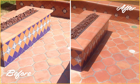 Before and After Picture of a Dull Cos Cob Terracotta Patio Floor Sealed For UV Protection