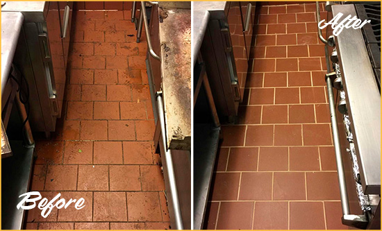 Before and After Picture of a Newtown Restaurant Kitchen Floor Sealed to Remove Soil