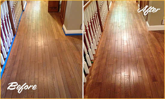 Before and After Picture of a New Canaan Wood Sand Free Refinishing Service on a Worn Out Floor