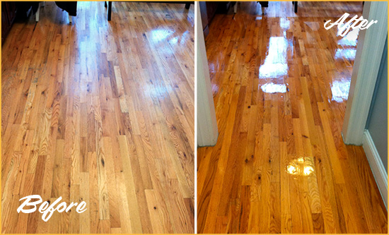 Before and After Picture of a Fairfield Wood Sand Free Refinishing Service on a Worn Out Hallway