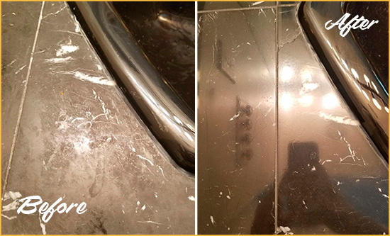 Before and After Picture of a New Canaan Marble Countertop Cleaned to Remove Deep Dirt