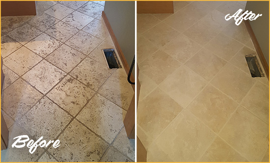 Before and After Picture of a Belle Haven Kitchen Marble Floor Cleaned to Remove Embedded Dirt