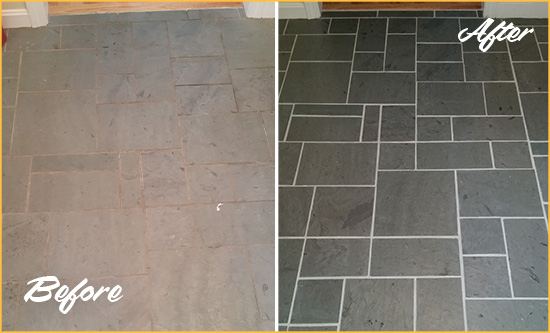 Before and After Picture of a Shelton Slate Floor Cleaned to Remove Deep-Seated Dirt