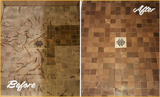 Before and After Picture of a Stained Shelton Marble Shower Floor Cleaned to Remove Etching