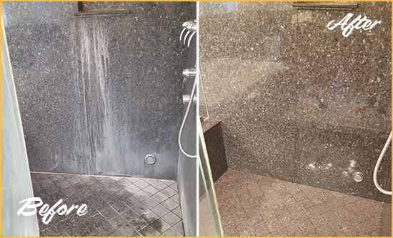 Before and After Picture of a Morris Granite Shower Cleaned to Remove Mineral Deposits