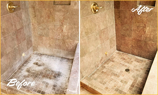 Before and After Picture of a Bethlehem Travertine Shower Cleaned to Eliminate Water Spots