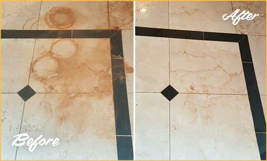 Before and After Picture of a New Canaan Marble Floor Cleaned to Eliminate Rust Stains