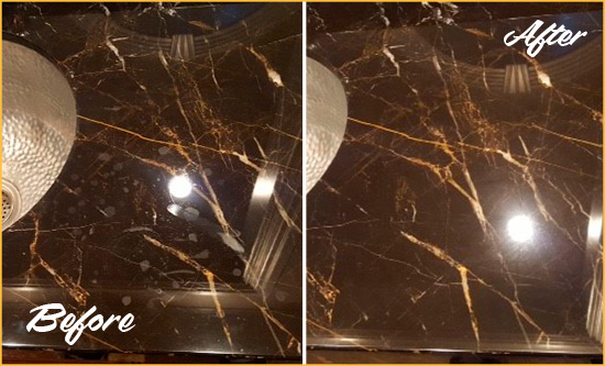 Before and After Picture of a New Canaan Marble Countertop Cleaned to Remove Water Spots