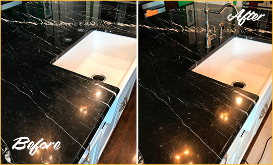 Before and After Picture of a Redding Ridge Marble Kitchen Countertop Stone Sealed to Avoid Water Damage