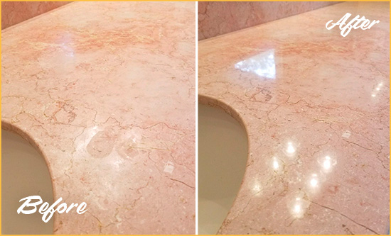 Before and After Picture of a Ridgefield Marble Stone Vanity Top Sealed to Avoid Water Marks