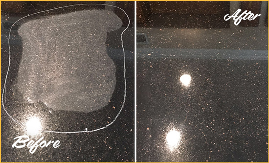 Before and After Picture of a Bethel Granite Kitchen Countertop Honed to Eliminate Scratch