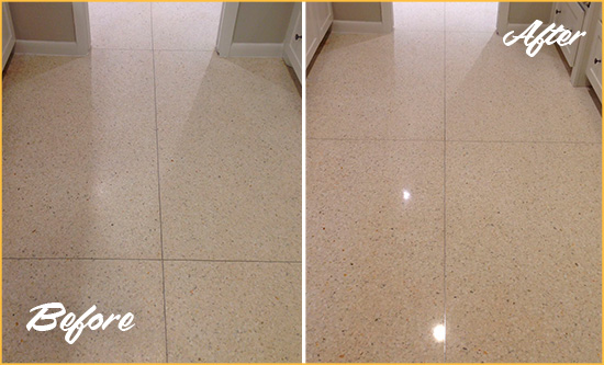 Before and After Picture of a Dull Terryville Granite Floor Honed to Recover Its Sheen
